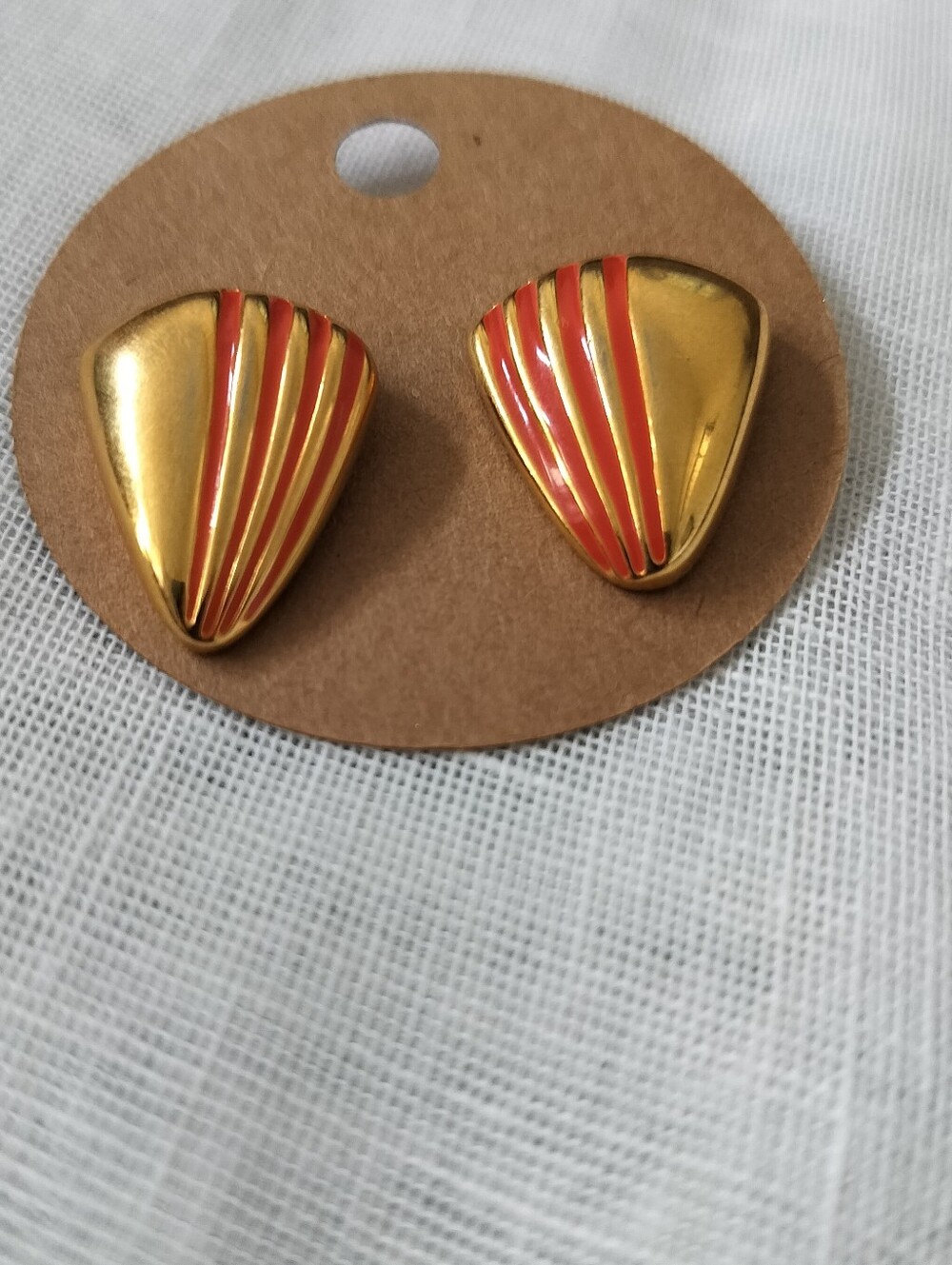 Vintage 1980s Geometric Gold-Tone & Orange Enamel Stud Earrings Signed JS